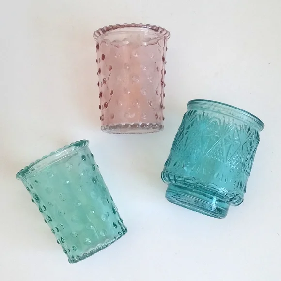 Vintage Shabby Chic Pink Sea Green and Aqua Blue Candle Glass Votives Set of 3 - Picture 5 of 11
